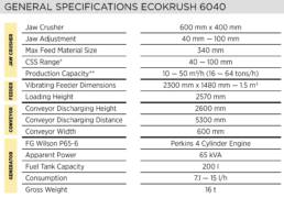 KrushTech Jaw Crusher EcoKrush 6040 Specs Table